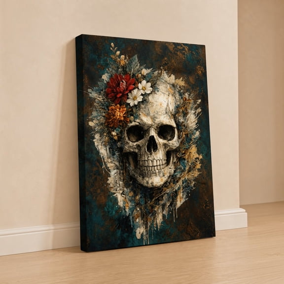 E-Macom LLC _Floral Skull Canvas Wall Art, Gothic Skeleton Decor, Dark Botanical Artwork (1.5in frame)(Vertical 8x12")