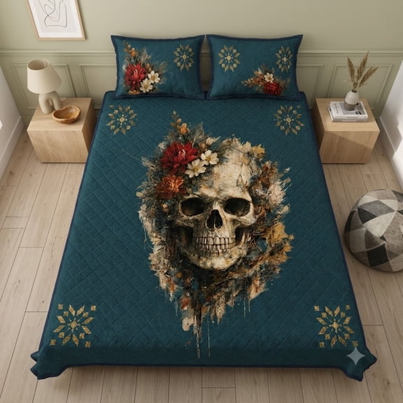 E-Macom LLC Floral Skull Quilt Bed Set, Gothic Flower Bedroom Quilt with Matching Pillowcases, Dark Floral Home Decor (Fold Hem) (70x80")
