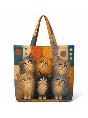 Funny Cats Quilted Tote Bag, Colorful Cute Cat Family Patchwork Shoulder Tote Bag