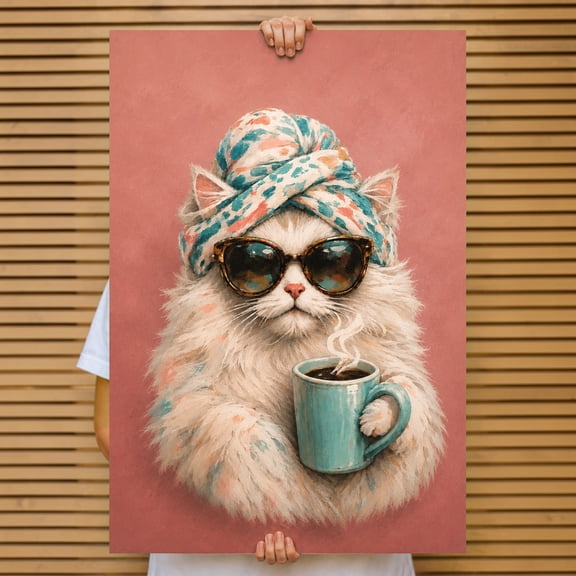 E-Macom LLC _Funny Coffee Cat Poster Print, Fashion Cat Wall Art, Cat Lover Decor, Cute Cat With Coffee Artwork (Vertical 8x12")