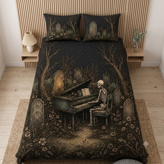 E-Macom LLC Gothic Skeleton Piano Quilt Bed Set, Dark Cemetery Piano Bedroom Quilt with Matching Pillowcases, Gothic Home Decor (55x60")