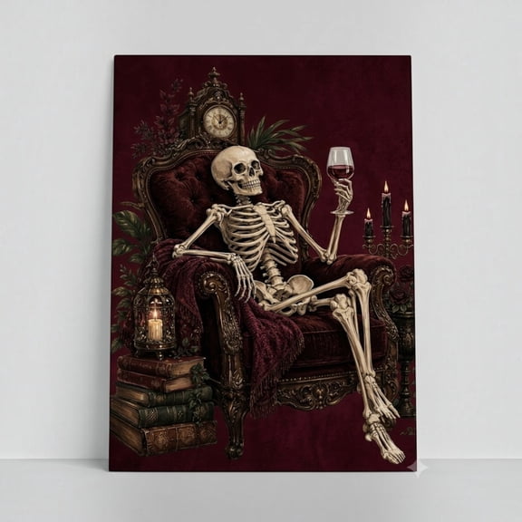 E-Macom LLC _Gothic Skeleton Wine Poster Print, Dark Academia Skeleton Wall Art, Vintage Gothic Library Decor, Spooky Halloween Artwork (Vertical 24x36")
