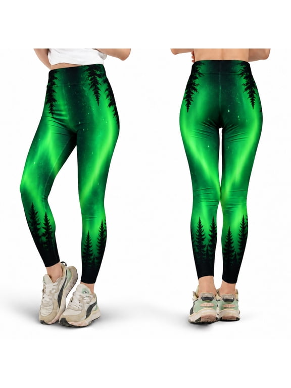 Green Aurora Leggings, Glowing Northern Lights Pine Tree High Waist Yoga Pants, Night Sky Forest Leggings