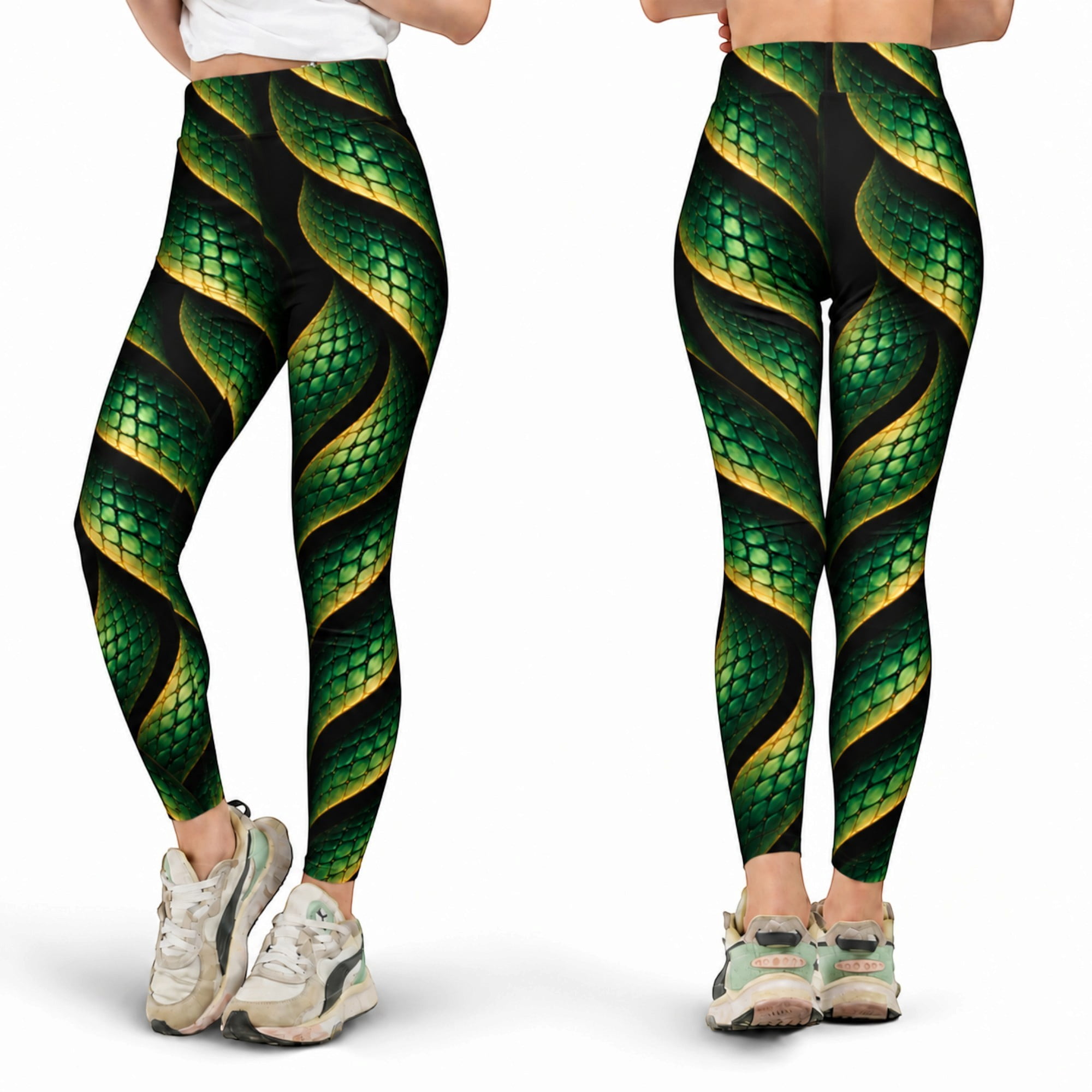 E-Macom LLC Green Gold Dragon Scale Print Stretch Leggings, Emerald ...