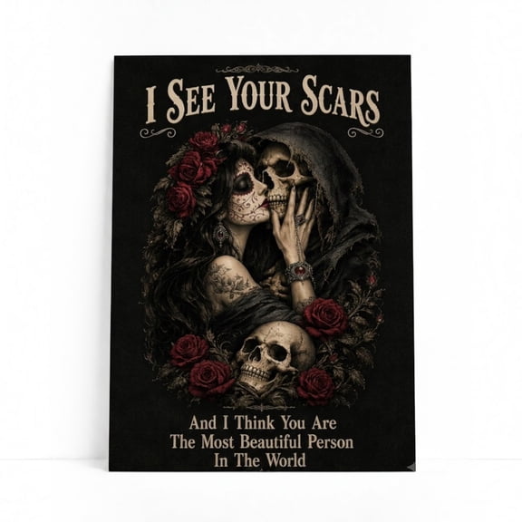 E-Macom LLC _I See Your Scars Gothic Couple Poster Print, Romantic Skull Wall Art, Dark Love Decor for Gothic Souls (Vertical 16x24")