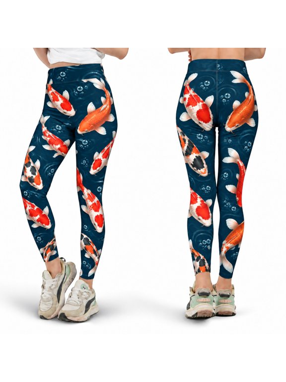 Japanese Koi Fish Leggings, Orange White Carp Blue Water Pattern, High Waisted Stretch Workout Tights
