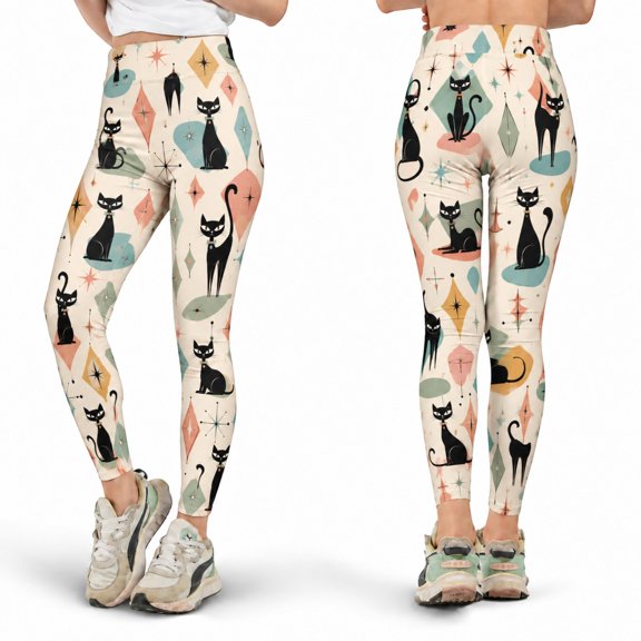 E-Macom LLC Mid Century Black Cat Leggings, Retro Atomic Cat High Waist Yoga Pants, Vintage Geometric Kitty Leggings