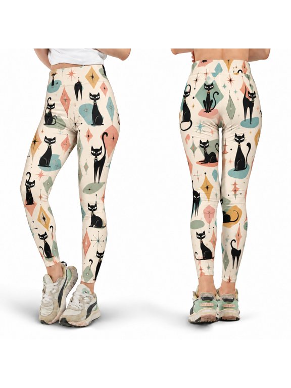 Mid Century Black Cat Leggings, Retro Atomic Cat High Waist Yoga Pants, Vintage Geometric Kitty Leggings