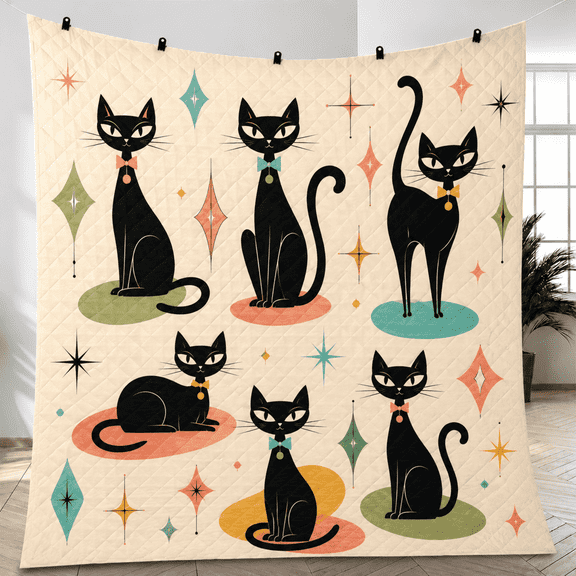 E-Macom LLC Mid Century Modern Black Cat Quilt Blanket, Atomic Retro Black Cat Bed Quilt (55x60")