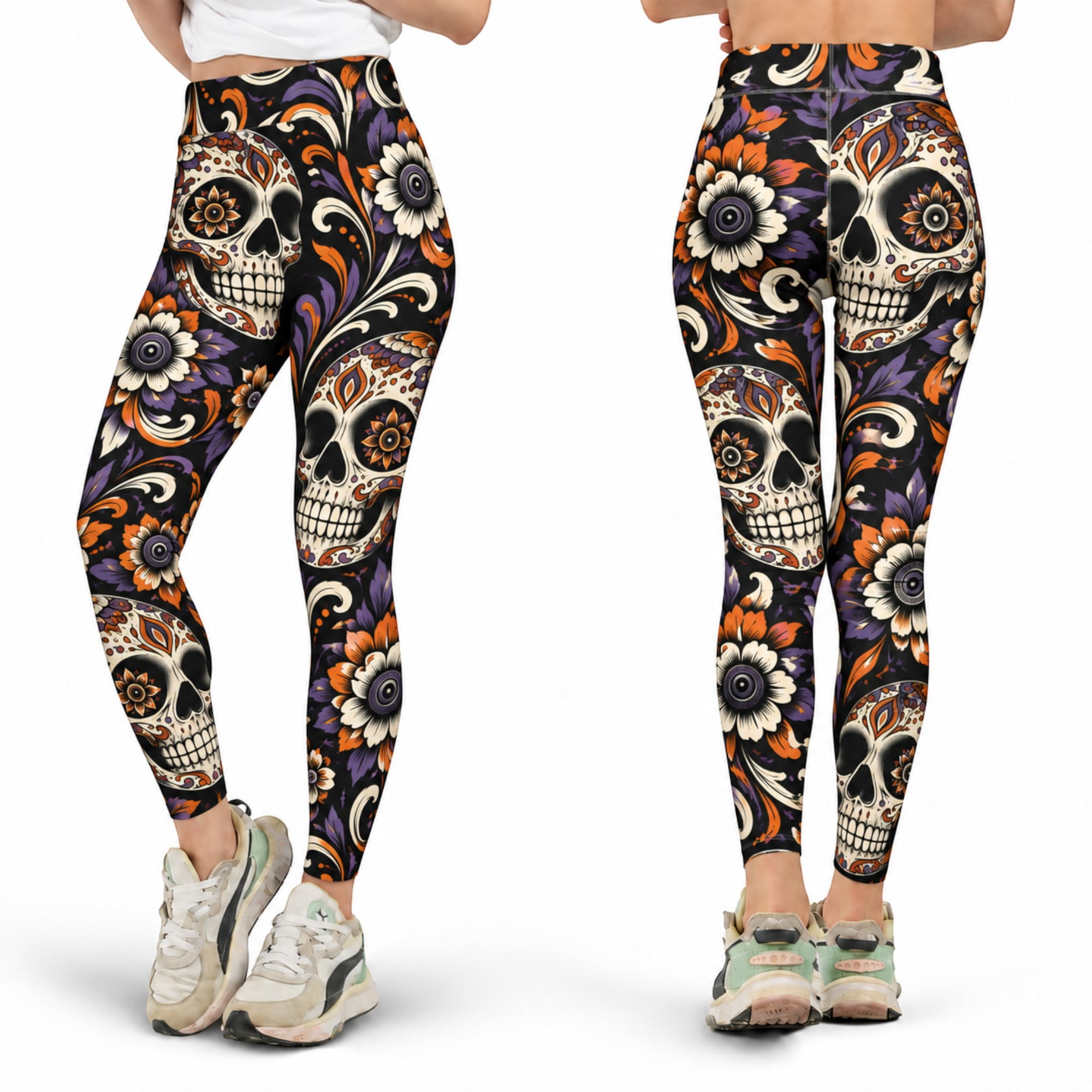 E-Macom LLC Orange Purple Sugar Skull Yoga Leggings with Floral Scroll ...