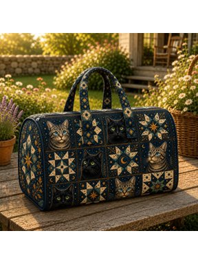 Patchwork Cat Quilted Weekender Bag, Black Cat Star Travel Duffel Bag, Celestial Feline Quilted Overnight Bag