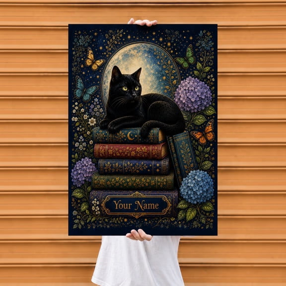 E-Macom LLC Personalized Black Cat Book Lover Poster, Moon Hydrangea Butterfly Wall Art, Custom Name Vintage Library Cat Home Decor