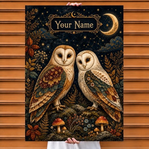 E-Macom LLC Personalized Owl Couple Poster, Moon Stars Floral Barn Owl Wall Art, Custom Name Woodland Bird Vintage Home Decor