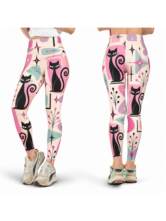 Pink Retro Cat Leggings, Mid Century Modern Kitty Pattern, Geometric High Waist Yoga Pants