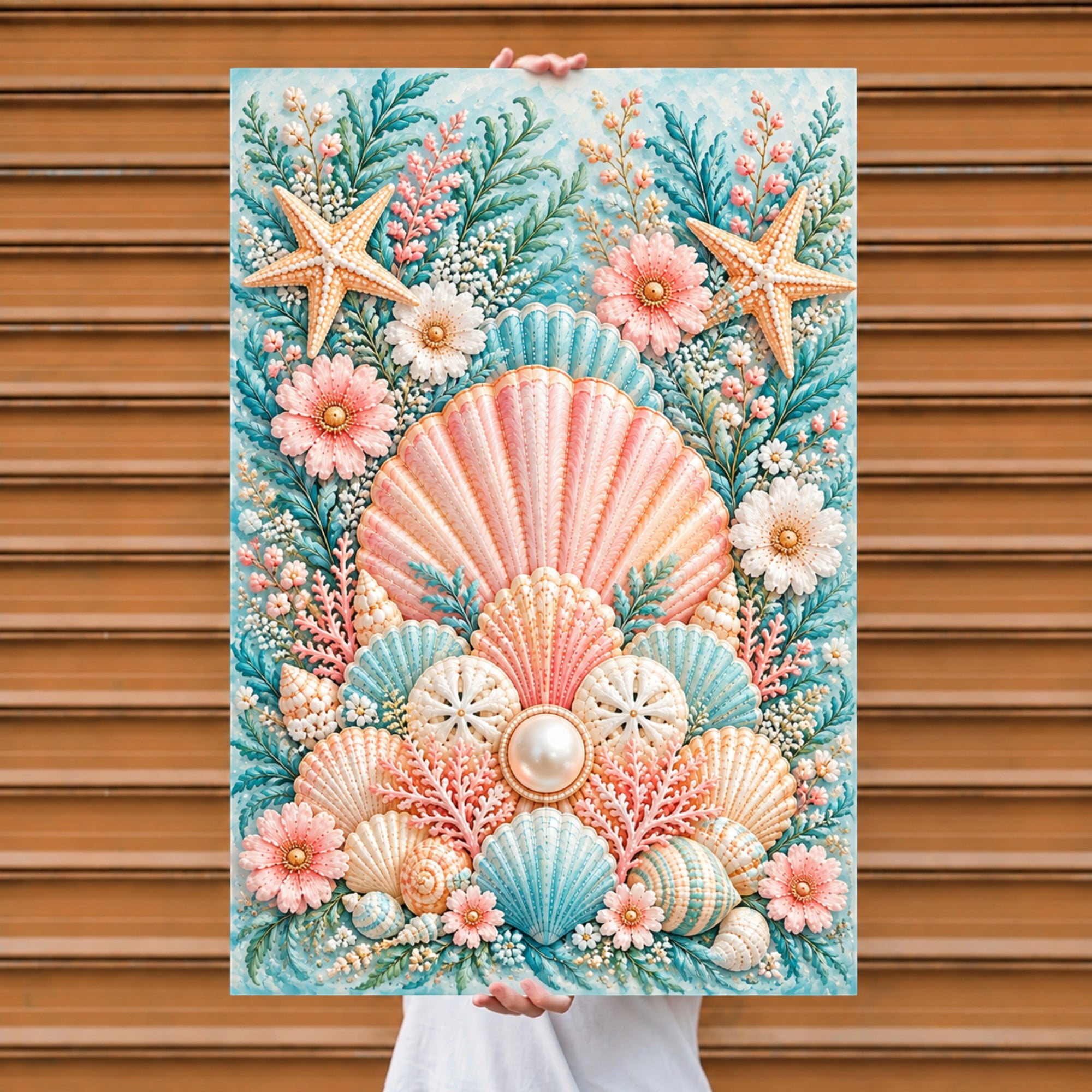 Shell Print Artist E-Macom LLC Pink Seashell Poster, Starfish Coral Coastal Wall Art ...