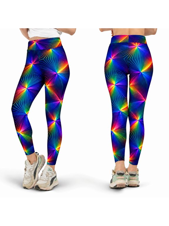 Rainbow Light Beams Leggings, Multicolor Radiating Diamond Shapes Printed Yoga Pants, Bright Geometric Optical Stretch Leggings