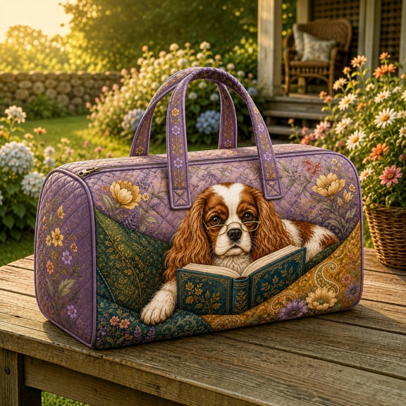E-Macom LLC Reading Dog Quilted Weekender Bag, Cavalier Spaniel Book Travel Duffel Bag, Book Lover Dog Quilted Overnight Bag