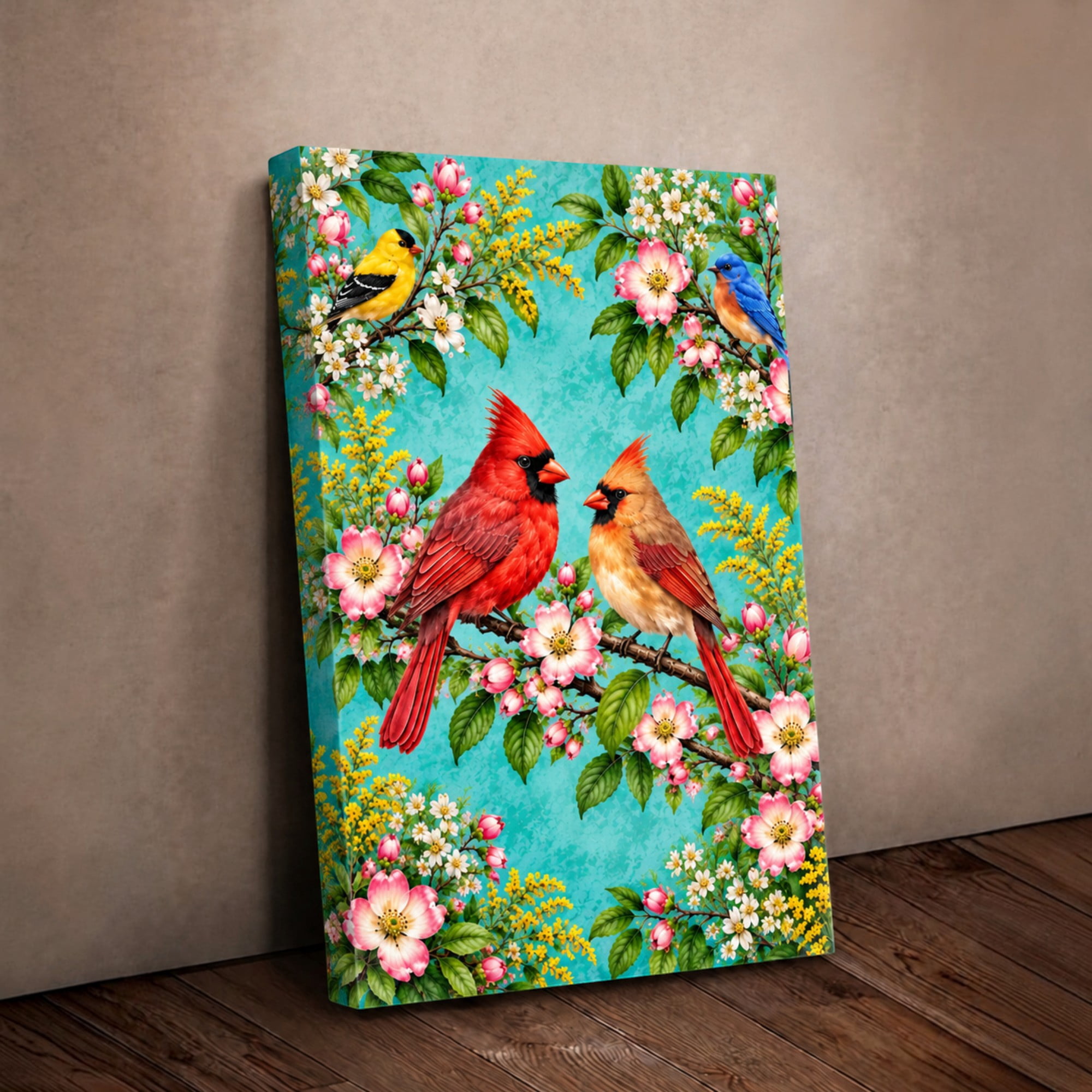 E-Macom LLC Red Cardinal Bird Canvas Wall Art, Flowering Branch Garden ...