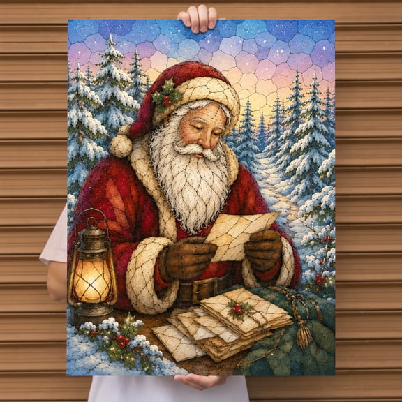 E-Macom LLC_Santa Claus Reading Letters Poster, Christmas Winter Wall Art Print, Stained Glass Holiday Decor for Home (Vertical 24x36")