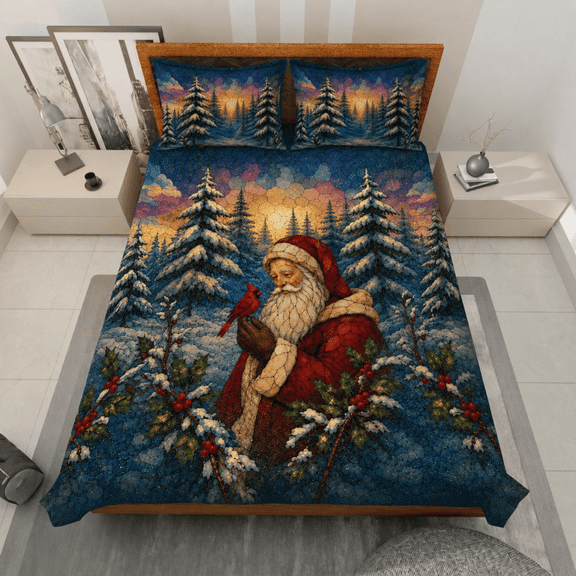 E-Macom LLC Santa and Cardinal Quilt Bed Set, Vintage Christmas Winter Forest Bedroom Quilt with Matching Pillowcases (60x70")