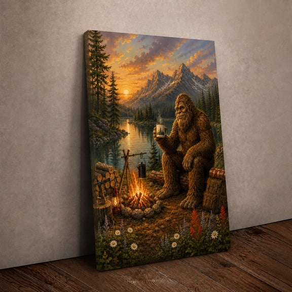 E-Macom LLC Sasquatch Campfire Canvas Wall Art, Bigfoot Mountain Lake Canvas Print, Wilderness Camping Sunset Cabin Decor