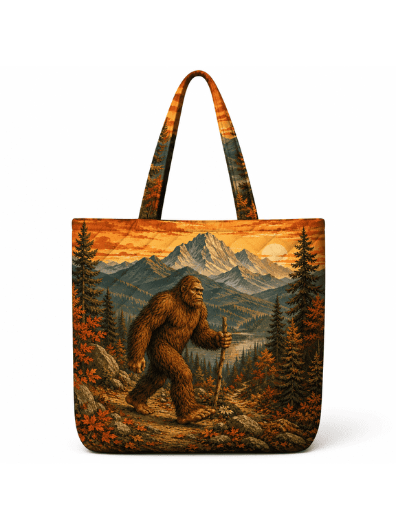 Sasquatch Quilted Tote Bag, Bigfoot Mountain Forest Autumn Shoulder Tote Bag