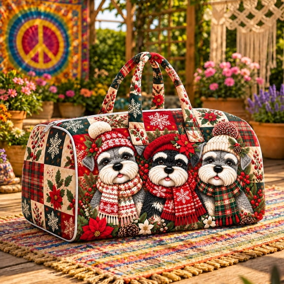 E-Macom LLC Schnauzer Christmas Quilted Weekender Bag, Holiday Black White Dog Travel Duffel Bag