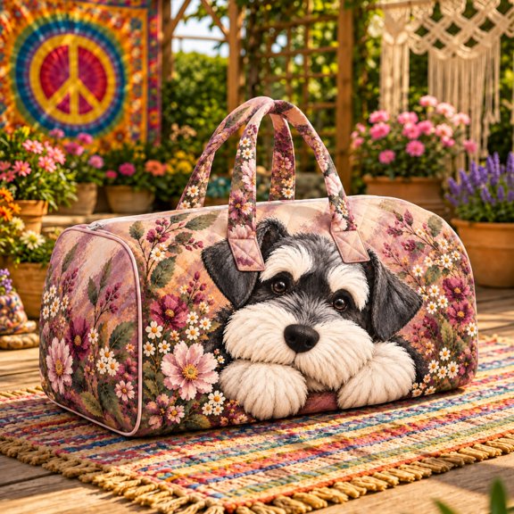E-Macom LLC Schnauzer Floral Quilted Weekender Bag, Daisy Garden Black White Dog Travel Duffel Bag