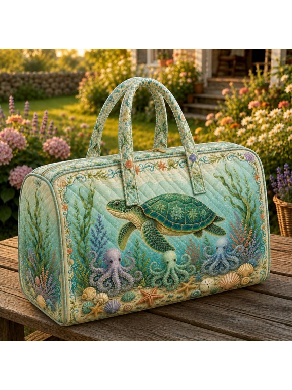 Sea Turtle Quilted Weekender Bag, Octopus Underwater Travel Duffel Bag, Coastal Ocean Quilted Overnight Bag