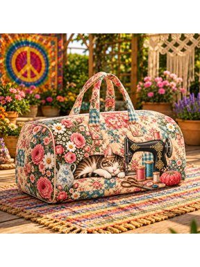 Sewing Cat Weekender Bag, Floral Patchwork Sewing Machine Travel Duffel Bag