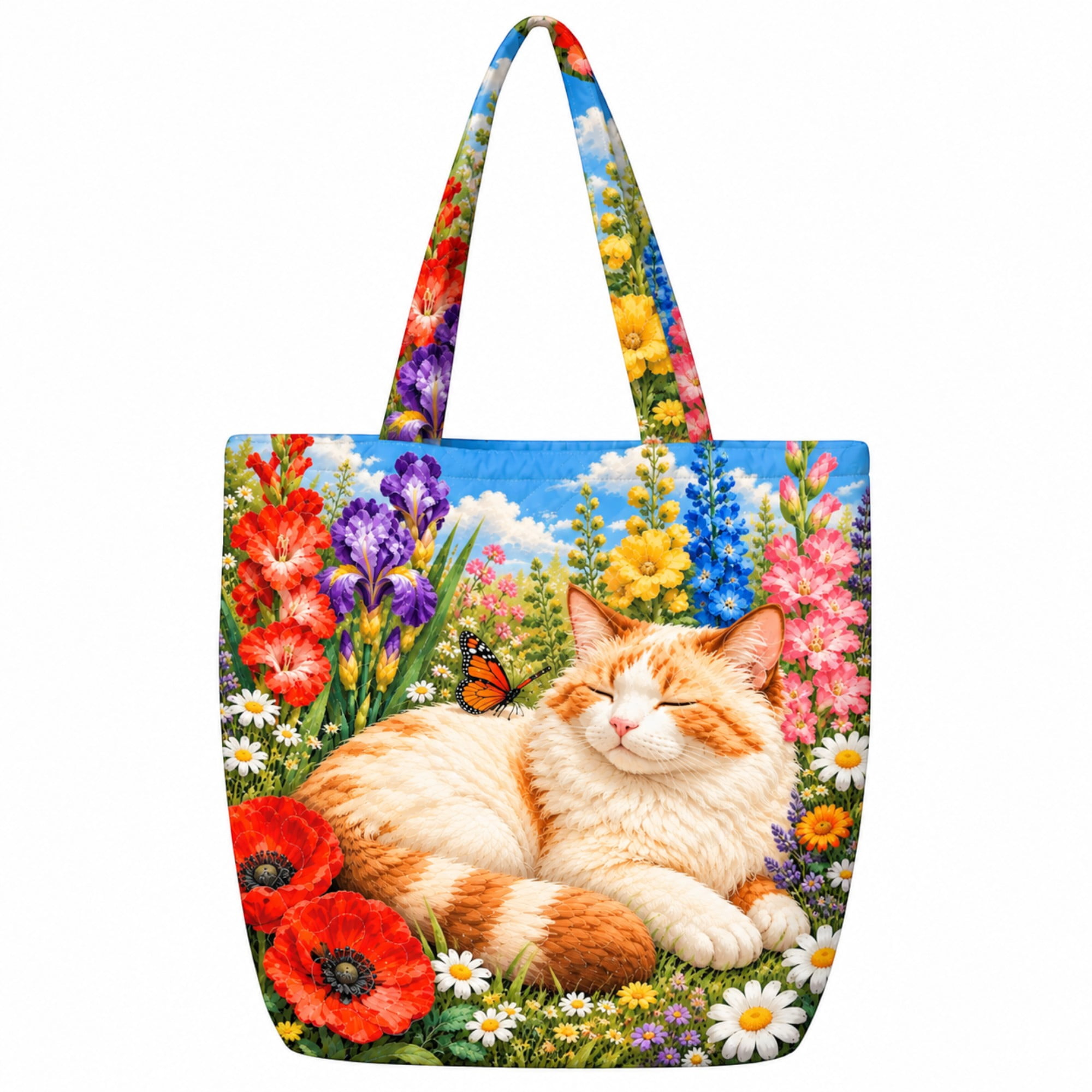 E-Macom LLC Sleeping Cat Floral Quilted Tote Bag, Poppy Wildflower ...