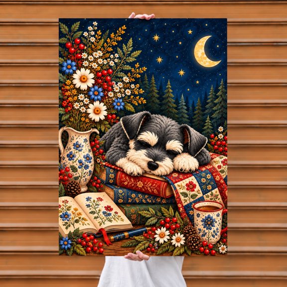 E-Macom LLC Sleeping Puppy Wall Art Poster, Moonlit Flower Room Dog Art Print, Patchwork Quilt Dog Decor