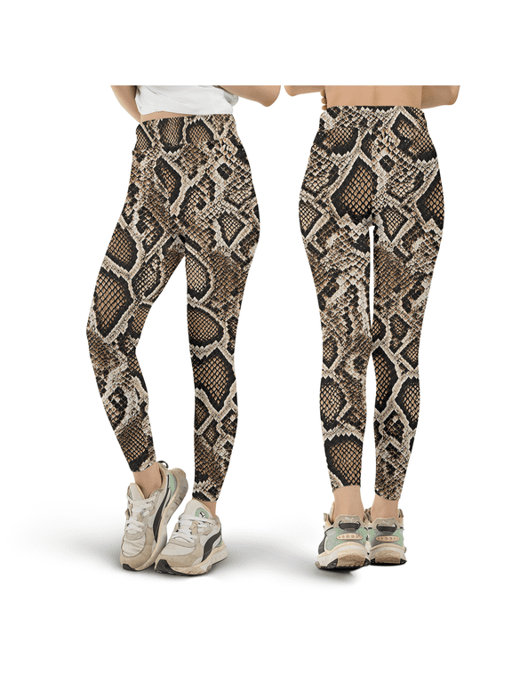 Snakeskin Leggings, Brown Black Reptile Scale High Waist Yoga Pants, Python Snake Print Pattern Leggings