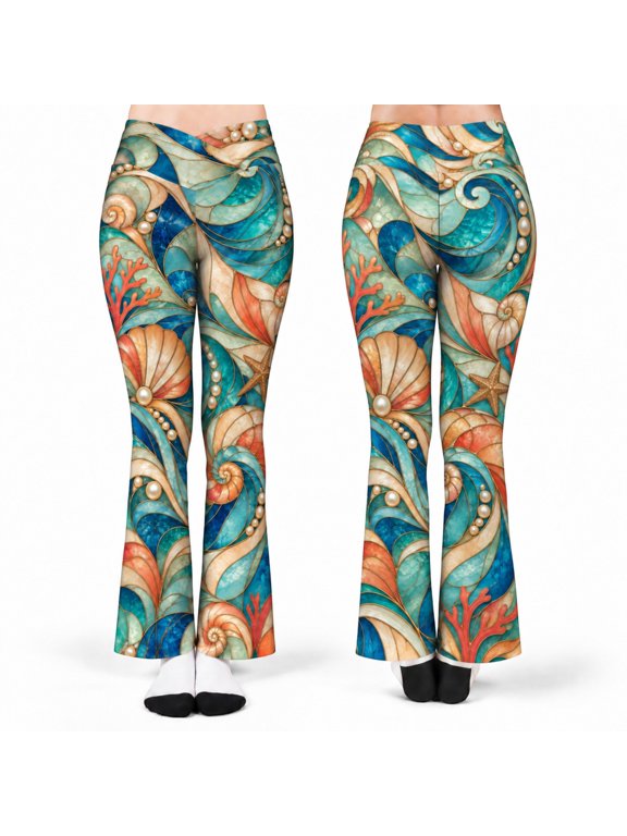 Stained Glass Seashell Flare Leggings, Pearl Coral Ocean Wave Bell Bottom Pants