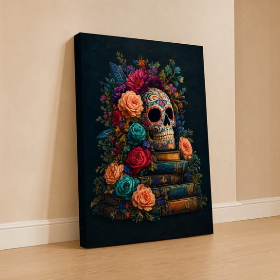 E-Macom LLC _Sugar Skull Canvas, Floral Skeleton and Vintage Books Decor, Dark Academia Wall Art (1.5in frame)(Vertical 8x12")