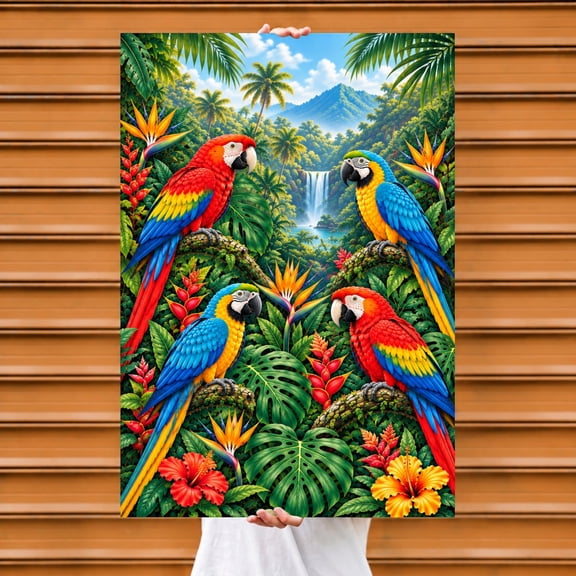 E-Macom LLC Tropical Macaw Poster, Scarlet Blue Parrot Jungle Wall Art, Colorful Rainforest Macaw Art Print