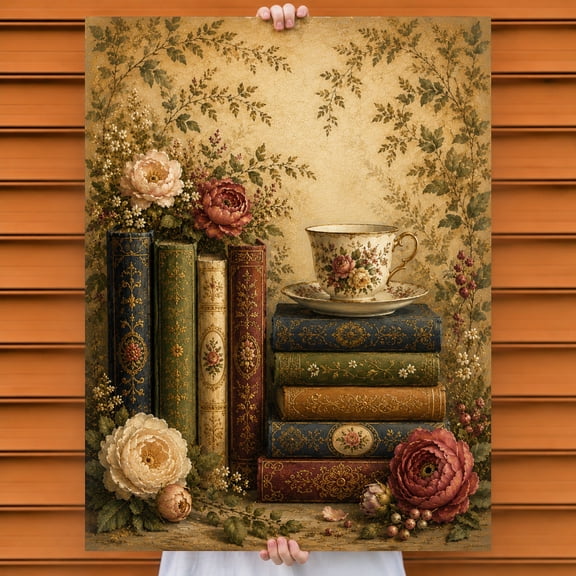 E-Macom LLC Vintage Book Lover Poster, Floral Books and Tea Cup Wall Art, Antique Library Print, Cottagecore Reading Home Decor