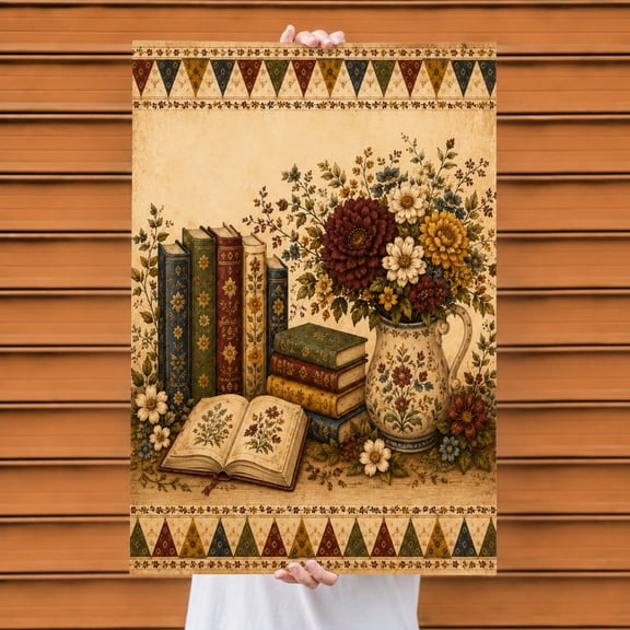 E-Macom LLC Vintage Books Floral Poster, Antique Library Books and Flower Vase Wall Art, Cottagecore Reading Botanical Home Decor
