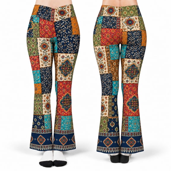 E-Macom LLC Vintage Patchwork Floral Flare Leggings, Colorful High Waisted Bell Bottom Pants, Retro Printed Stretch Trousers