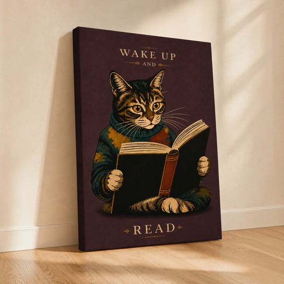 E-Macom LLC _Wake Up And Read Cat Canvas Wall Art, Reading Cat Decor, Book Lover, Library Reading Room Artwork (1.5in frame)(Vertical 16x24")