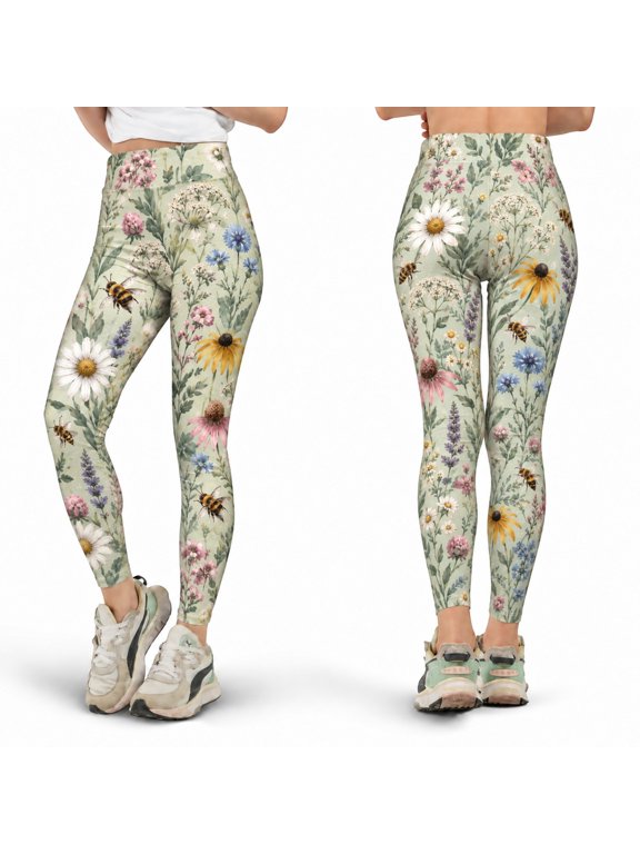 Wildflower Bee High Waist Leggings, Daisy Coneflower Botanical Yoga Pants, Meadow Floral Stretch Leggings