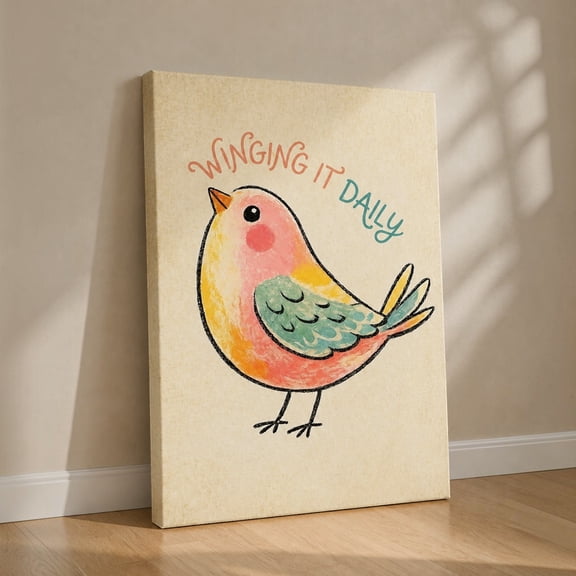 E-Macom LLC _Winging It Daily Bird Canvas Wall Art, Cute Pastel Bird Decor, Whimsical Inspirational Quote Artwork (1.5in frame)(Vertical 12x18")
