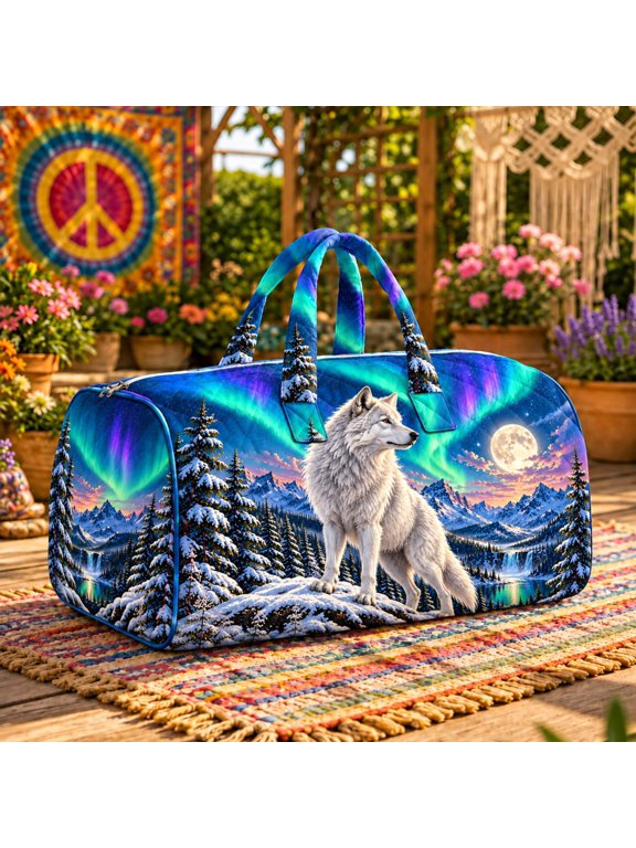 Wolf Moon Weekender Bag, Northern Lights Winter Forest Travel Duffel Bag