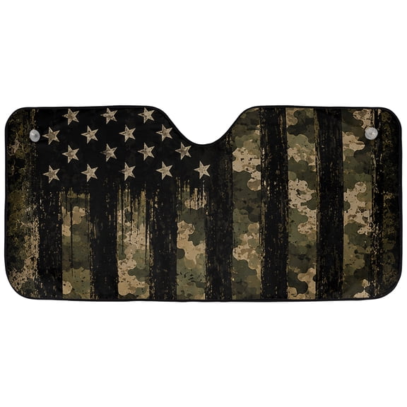 E-Macom Ltd _Camo American Flag Windshield Sun Shade, Distressed USA Flag Front Window Sun Visor, Rustic Patriotic Car Windshield Cover