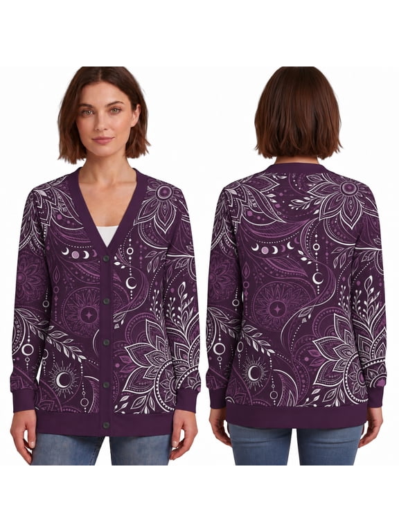 E-Macom Ltd Purple Celestial Mandala Button Front Sweater, Moon Phase Floral Cardigan, Mystical Sun Moon V Neck Sweater
