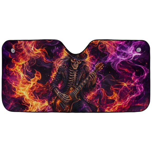 E-Macom Ltd _Skeleton Guitar Windshield Sun Shade, Flaming Skull Car Sunshade, Gothic Rock Music Front Window Protector
