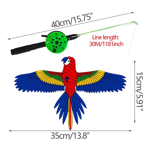 E Mini Kite For Kids With Fishing Rod Flapping Wings Blue Parrot Design 30M Line