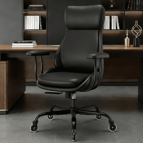 E-Motie Home Office Desk Chair, Ergonomic Computer Chair with Lumbar Support and Head Support, High Back Office Chair with Armrests, Adjustable Height, Rubber Casters, Black Leather
