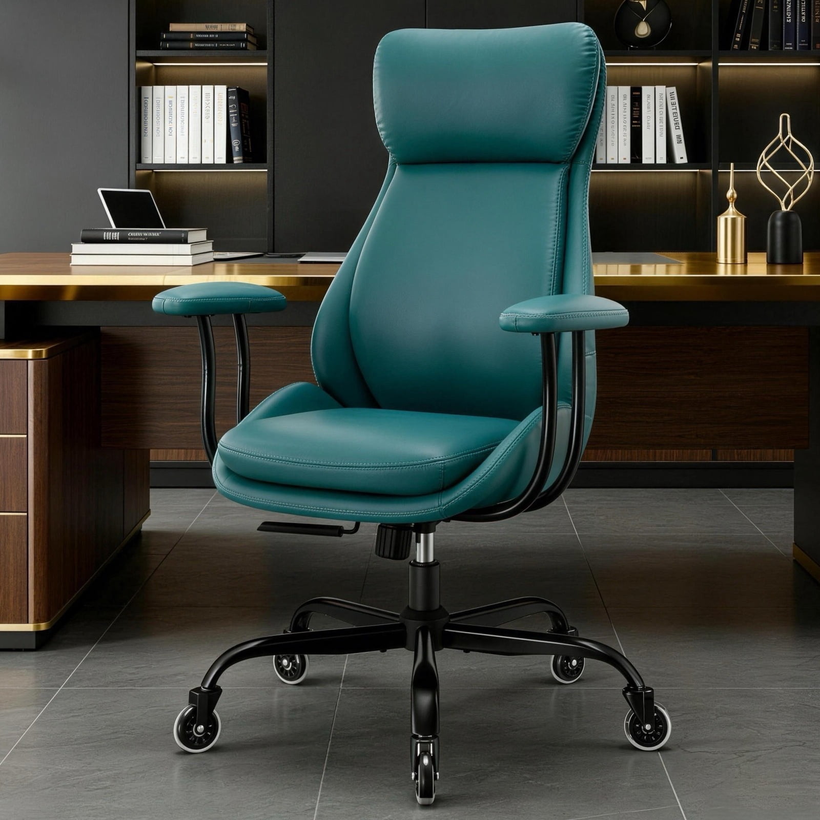 E-Motie Home Office Desk Chair, Ergonomic Computer Chair with Lumbar Support and Head Support, High Back Office Chair with Armrests, Adjustable Height, Rubber Casters, Green Leather