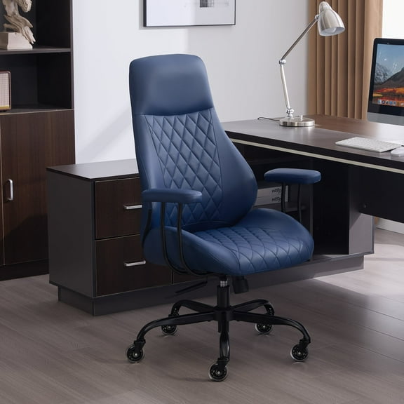 E-Motie Home Office Desk Chair, Ergonomic High Back Leather Computer Chair with Lumbar Support, Adjustable Height & Recline, Swivel Executive Office Chair with Armrests and Rubber Casters, Blue